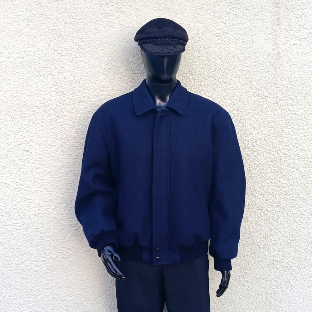 ALAN MICHAELS (POLAND) MEN'S VINTAGE PURE WOOL QUILTED HEAVY NAVY BOMBER JACKET